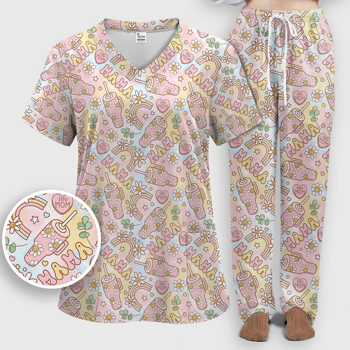 Sweet Nurse Mama Daisy Rainbow Scrub Set