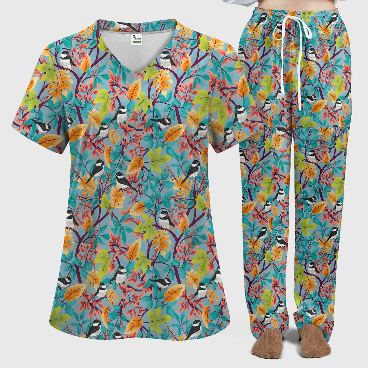 Autumn Leaf Chickadee Bird Nurse Scrub Set