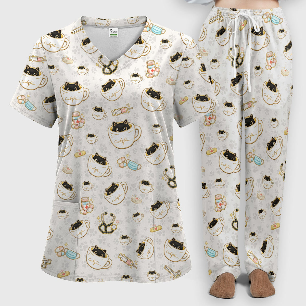 Coffee Cat Nurse Scrub Set