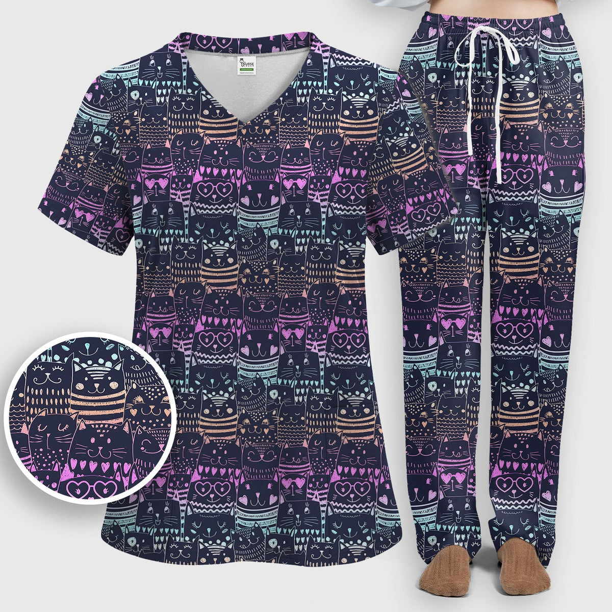 Neon Cat Faces Nurse Scrub Set