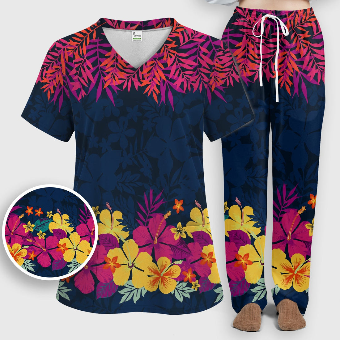 Tropical Hibiscus Palm Leaf Nurse Scrub Set