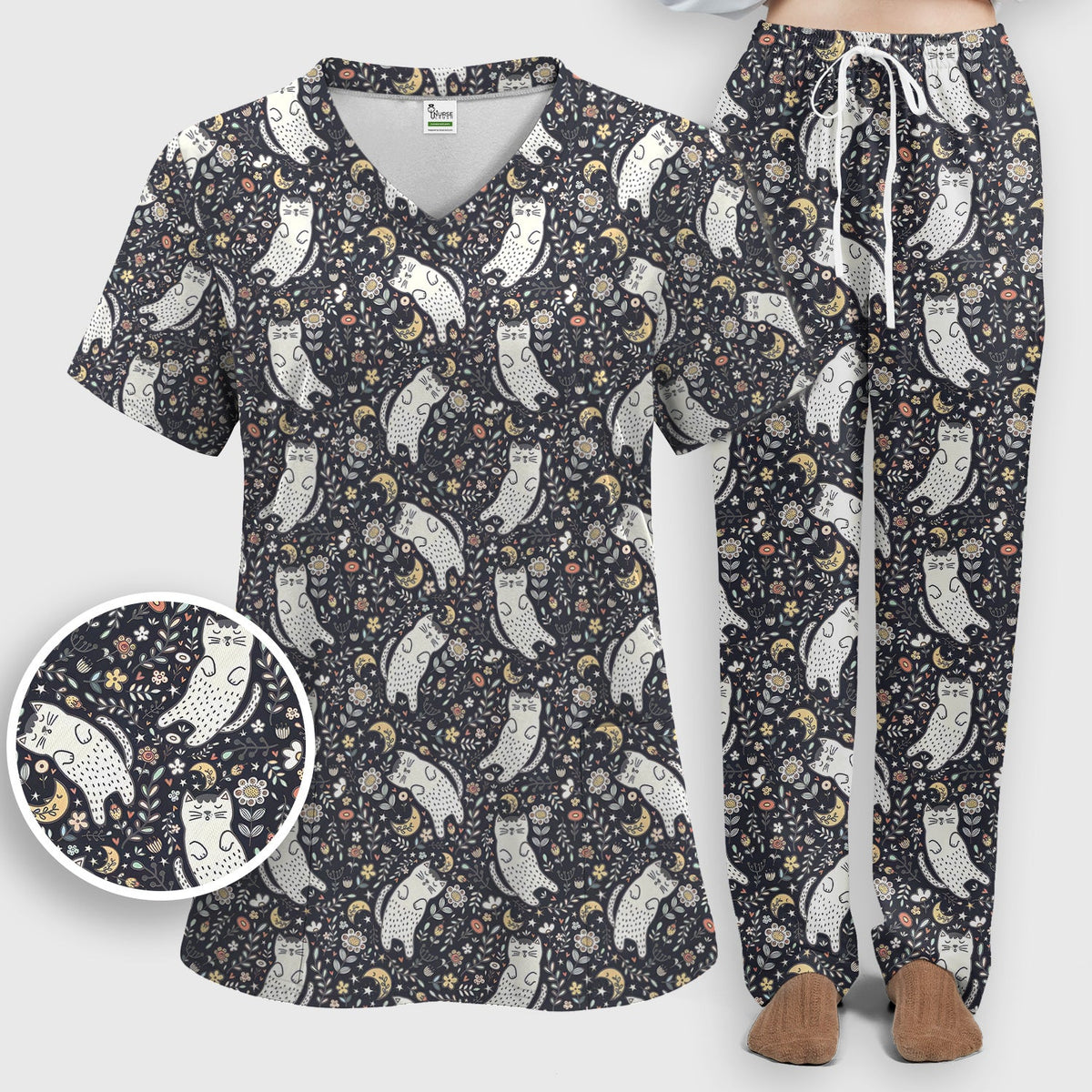 Moonlit Floral Cat Nurse Scrub Set
