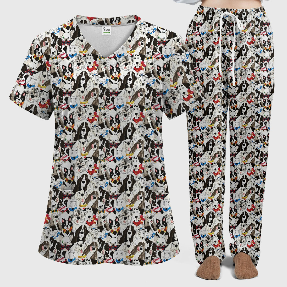 Cute Dog Cartoon All Over Print Scrub Set, Scrub Pants and V Neck Top