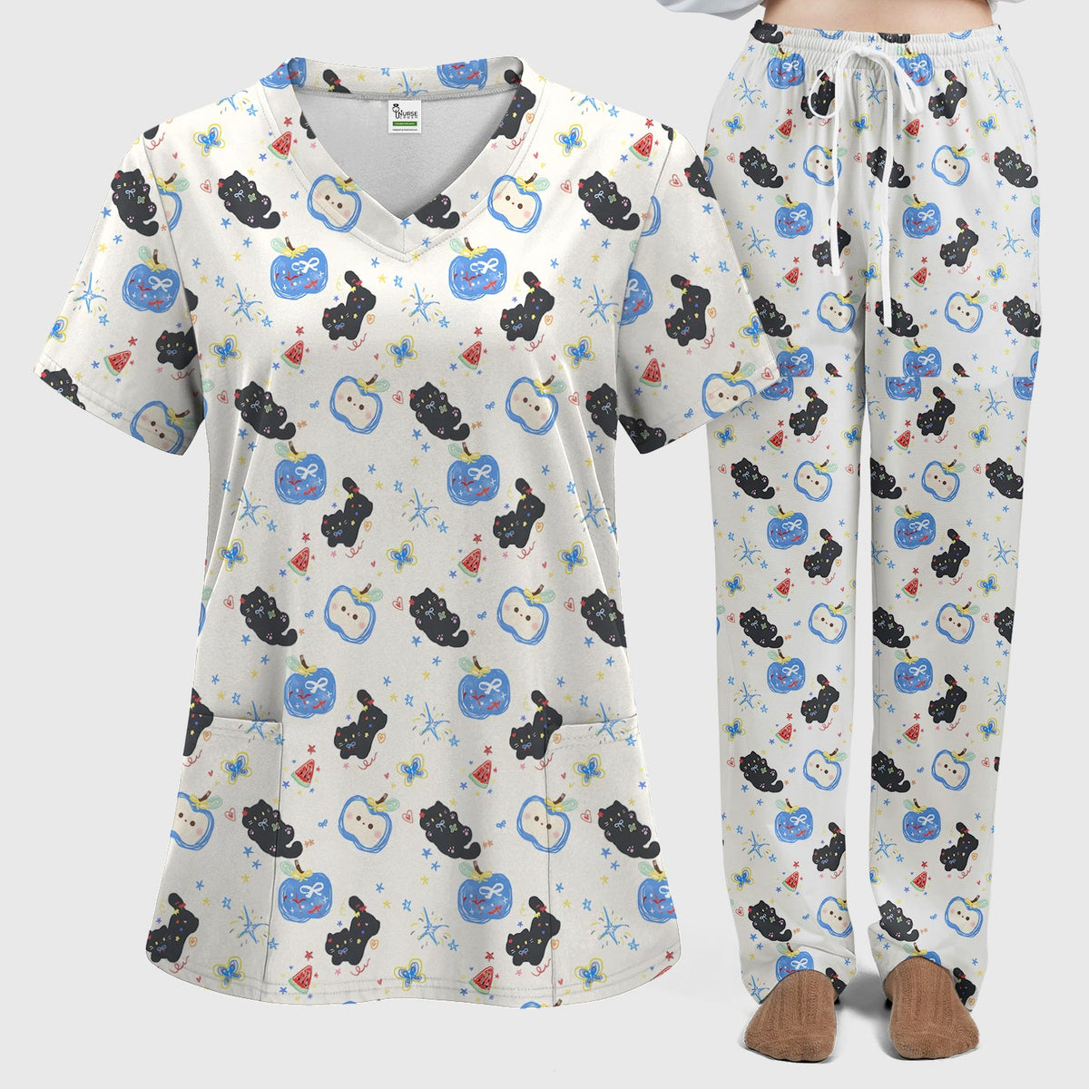 Black Cat Apple Nurse Scrub Top