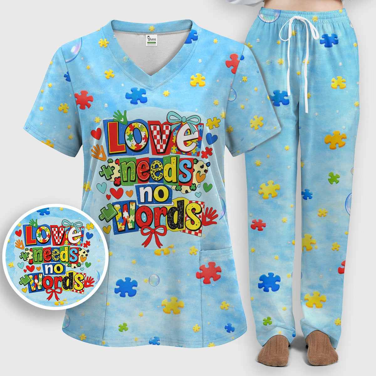 Autism Awareness Love Needs No Words Nurse Scrub Set