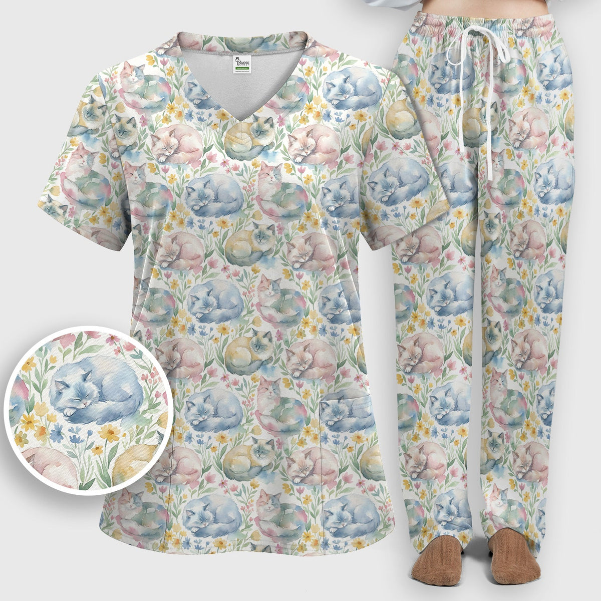 Dreamy Sleeping Cat Floral Nurse Scrub Set