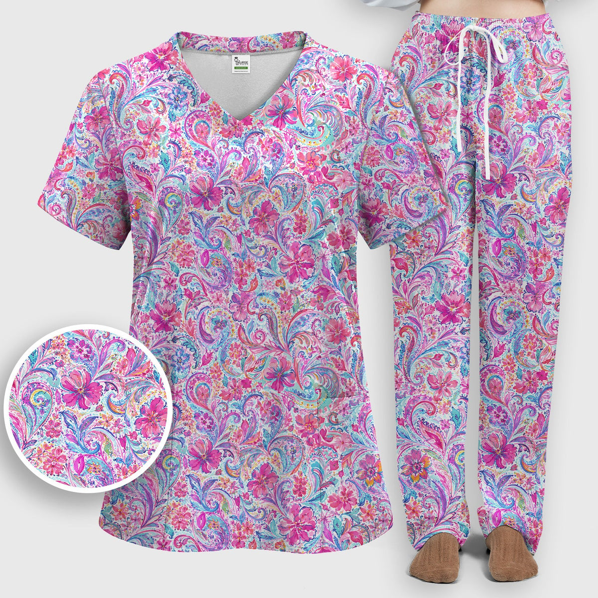 Elegant Pink Paisley Blossom Nurse Scrub Set