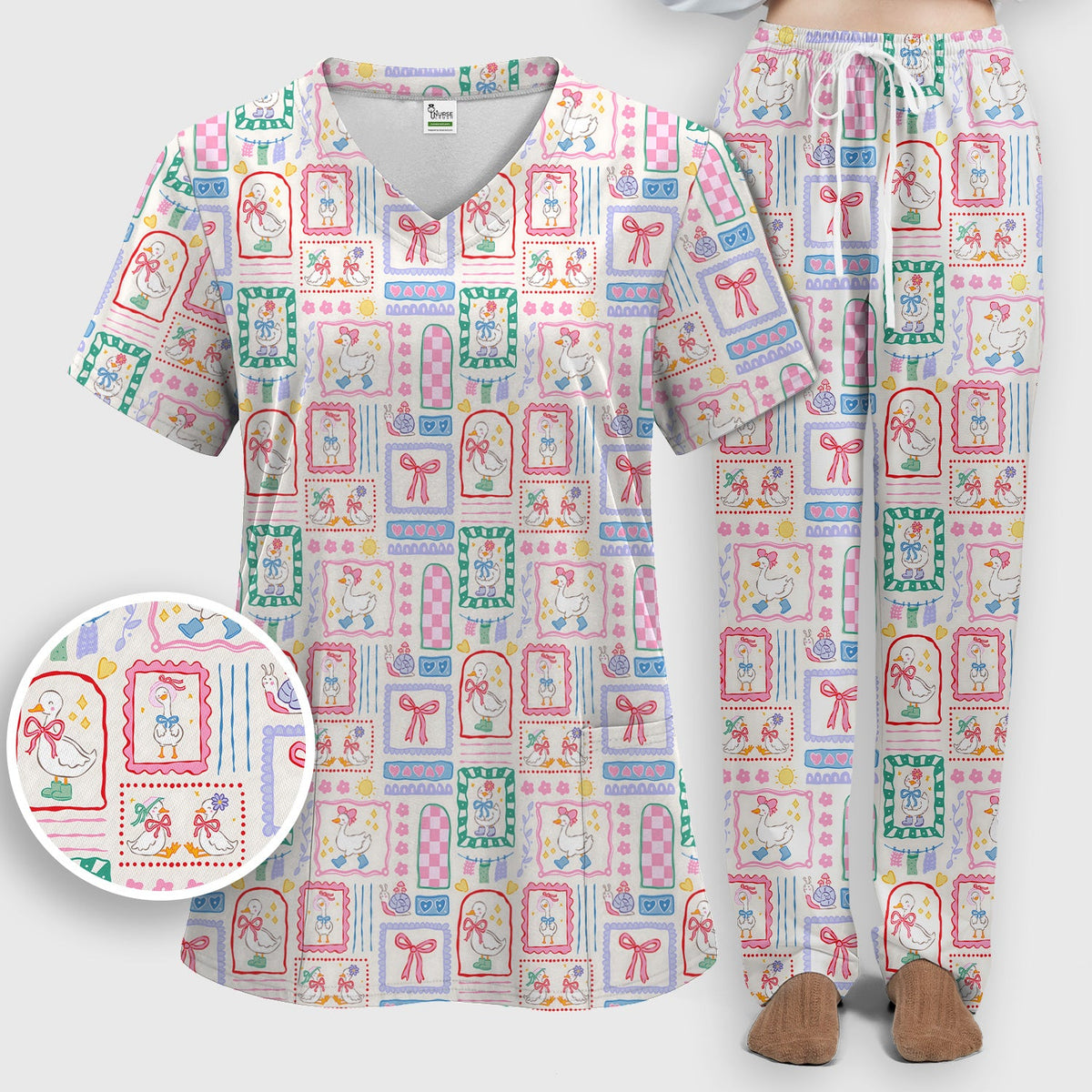 Adorable Goose Ribbon Patchwork Frame Nurse Scrub Set