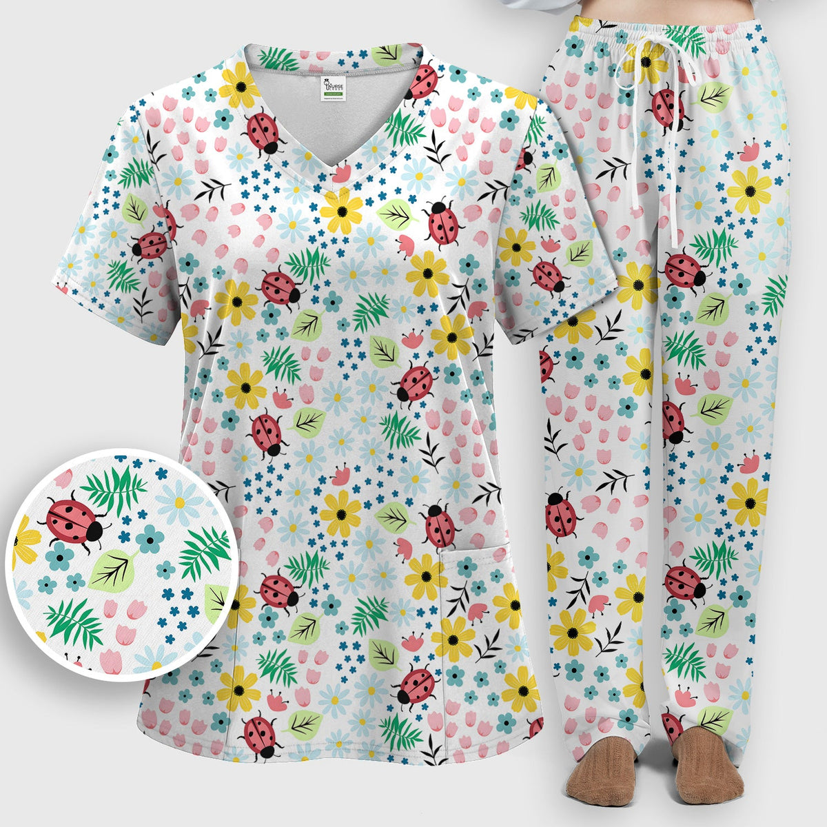 Ladybug Floral Garden Nurse Scrub Set