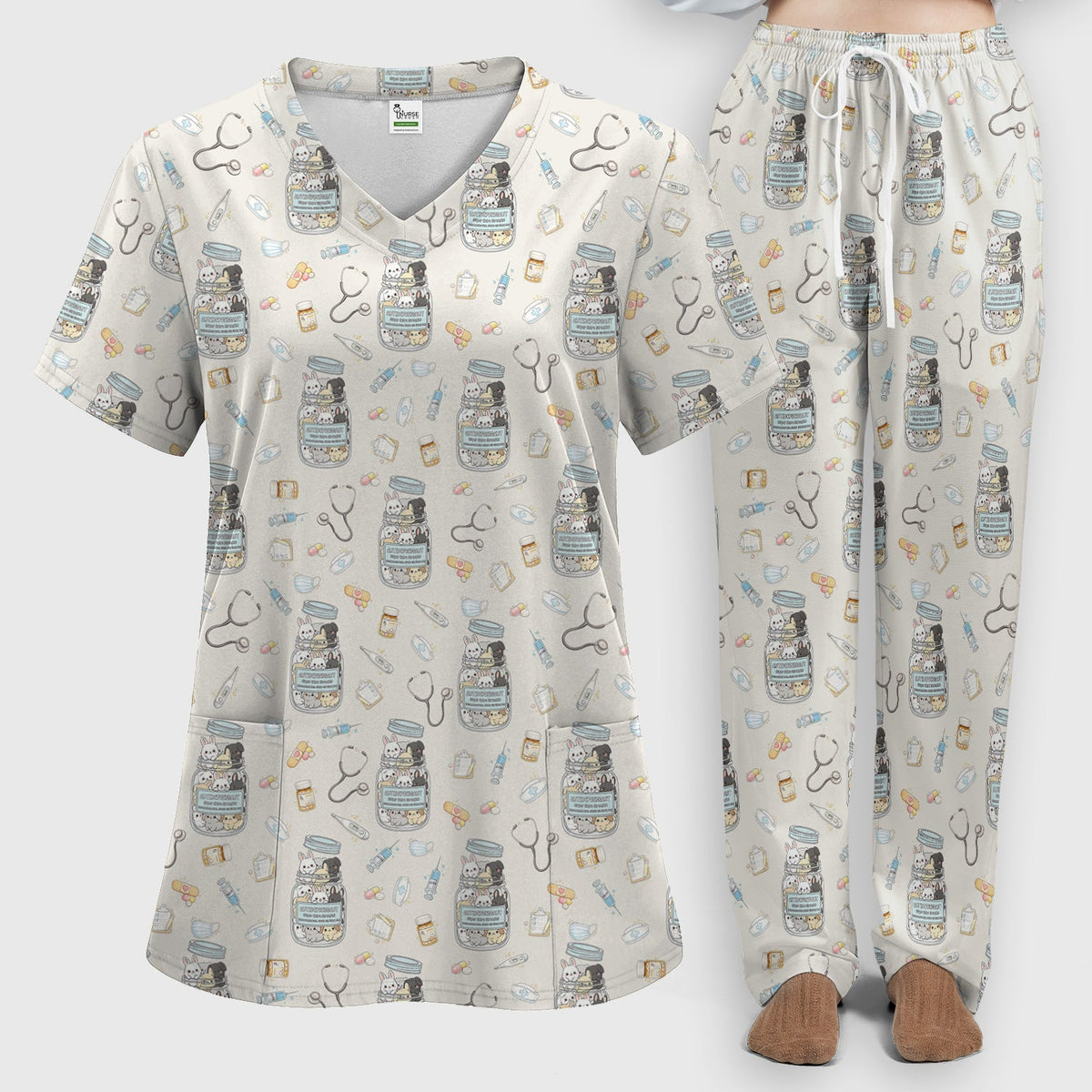 Whimsical Antidepressant Rabbit Jar Nurse Scrub Set