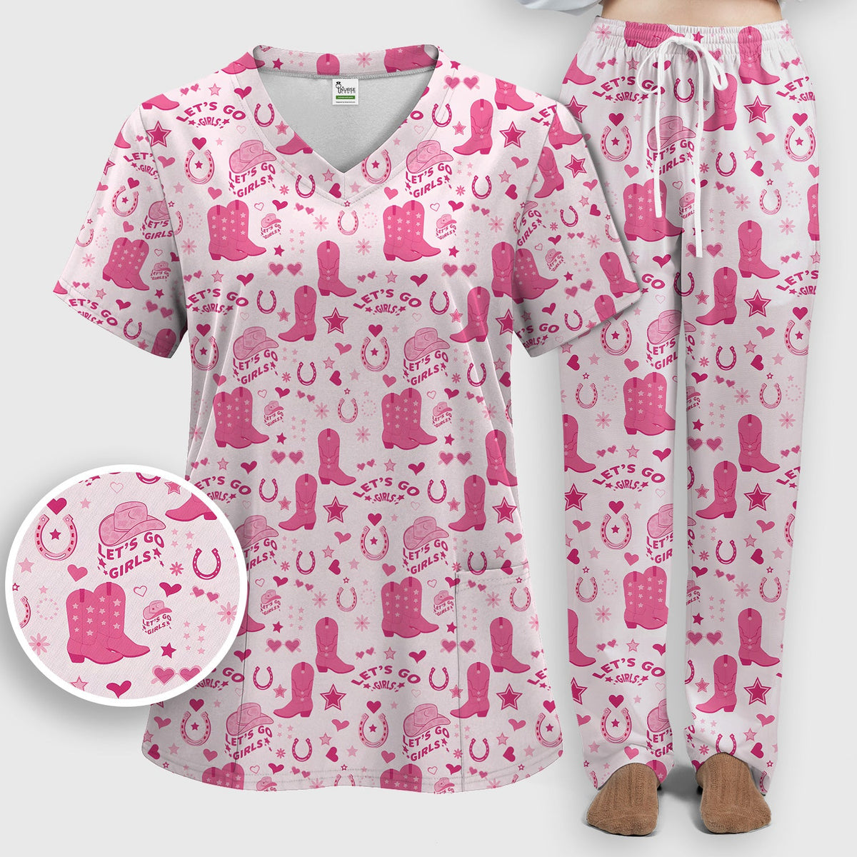 Pink Cowgirl Boots Nurse Scrub Set