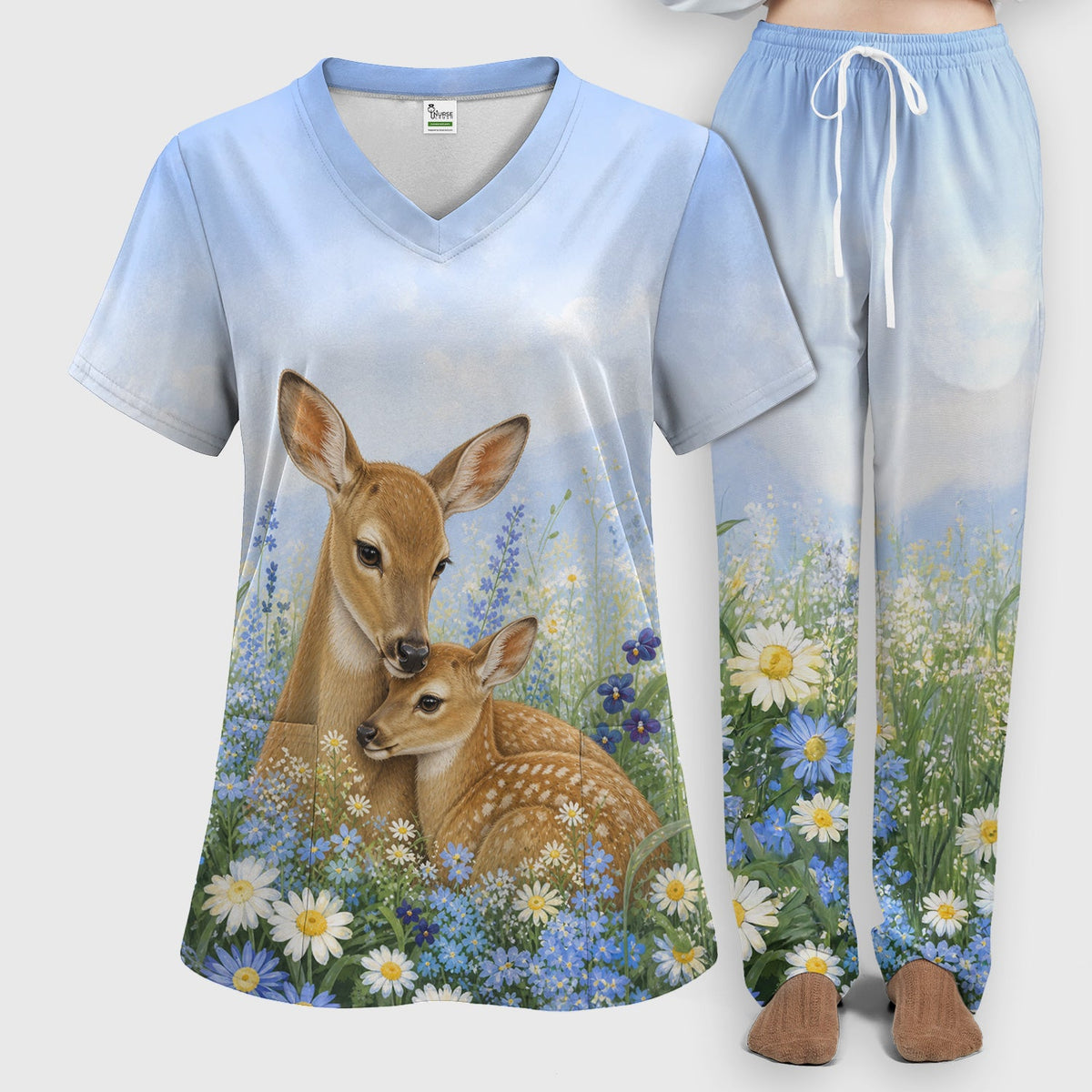 Deer Mother Baby Meadow Nurse Scrub Set