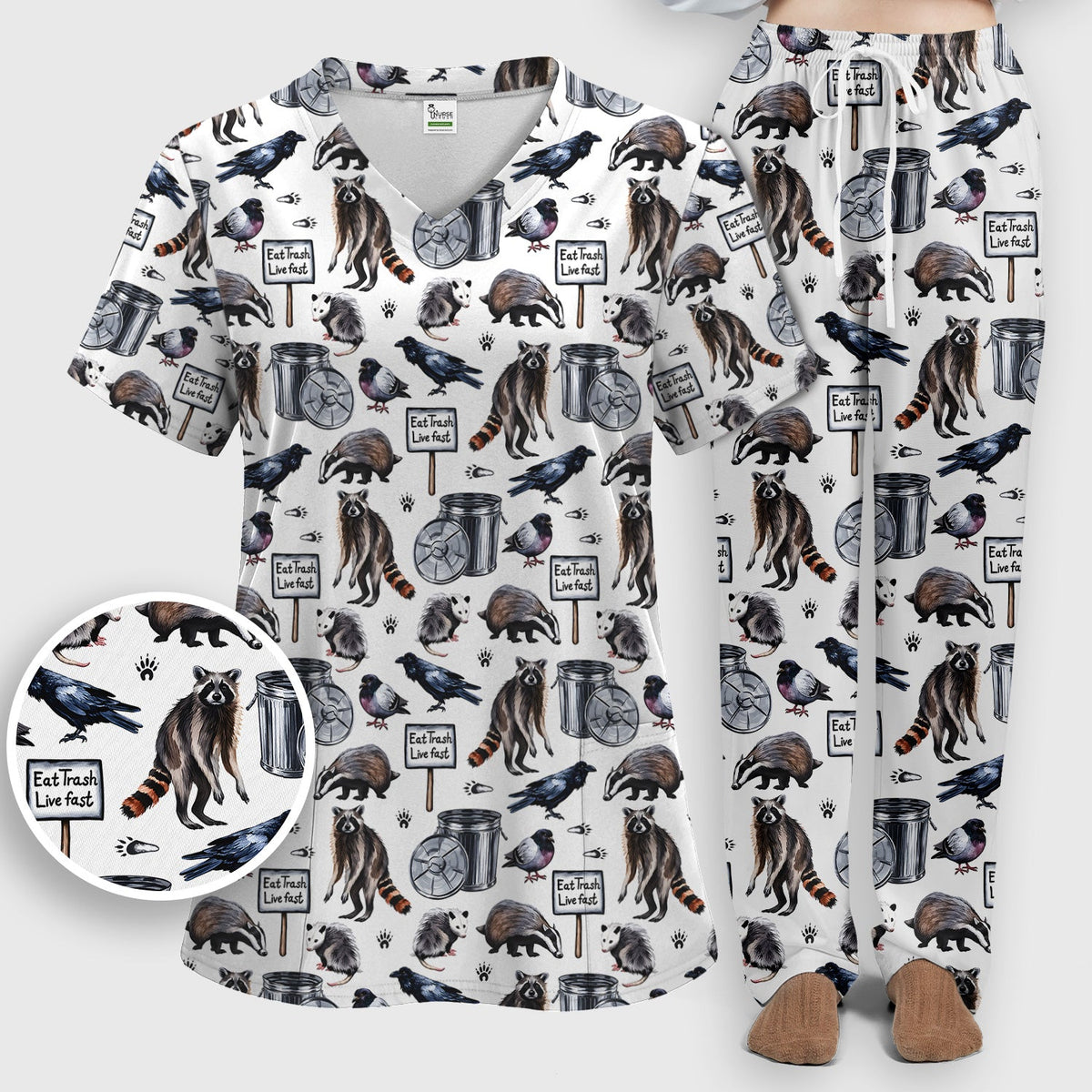 Raccoon Opossum Eat Trash Nurse Scrub Set