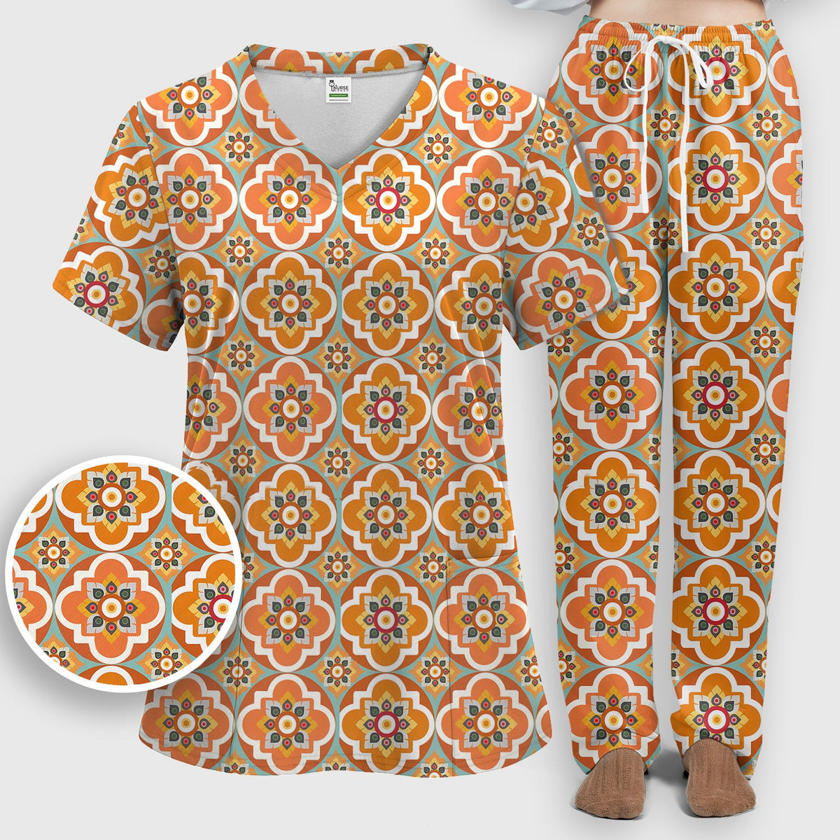 Orange Retro Geometric Floral Nurse Scrub Set