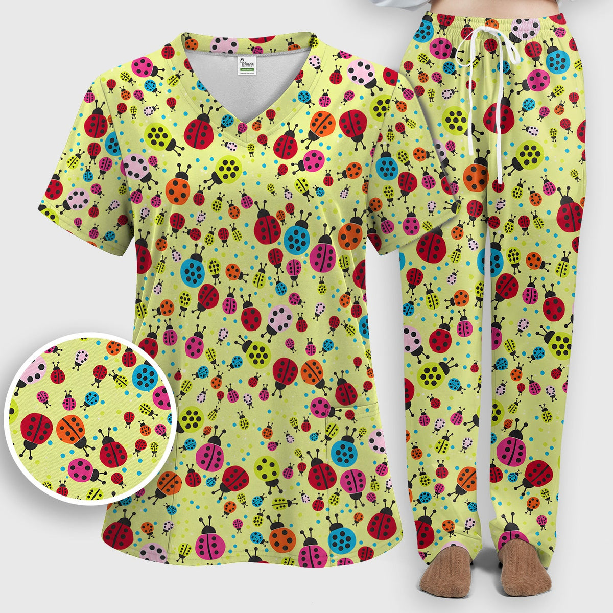 Colorful Ladybug Garden Nurse Scrub Set