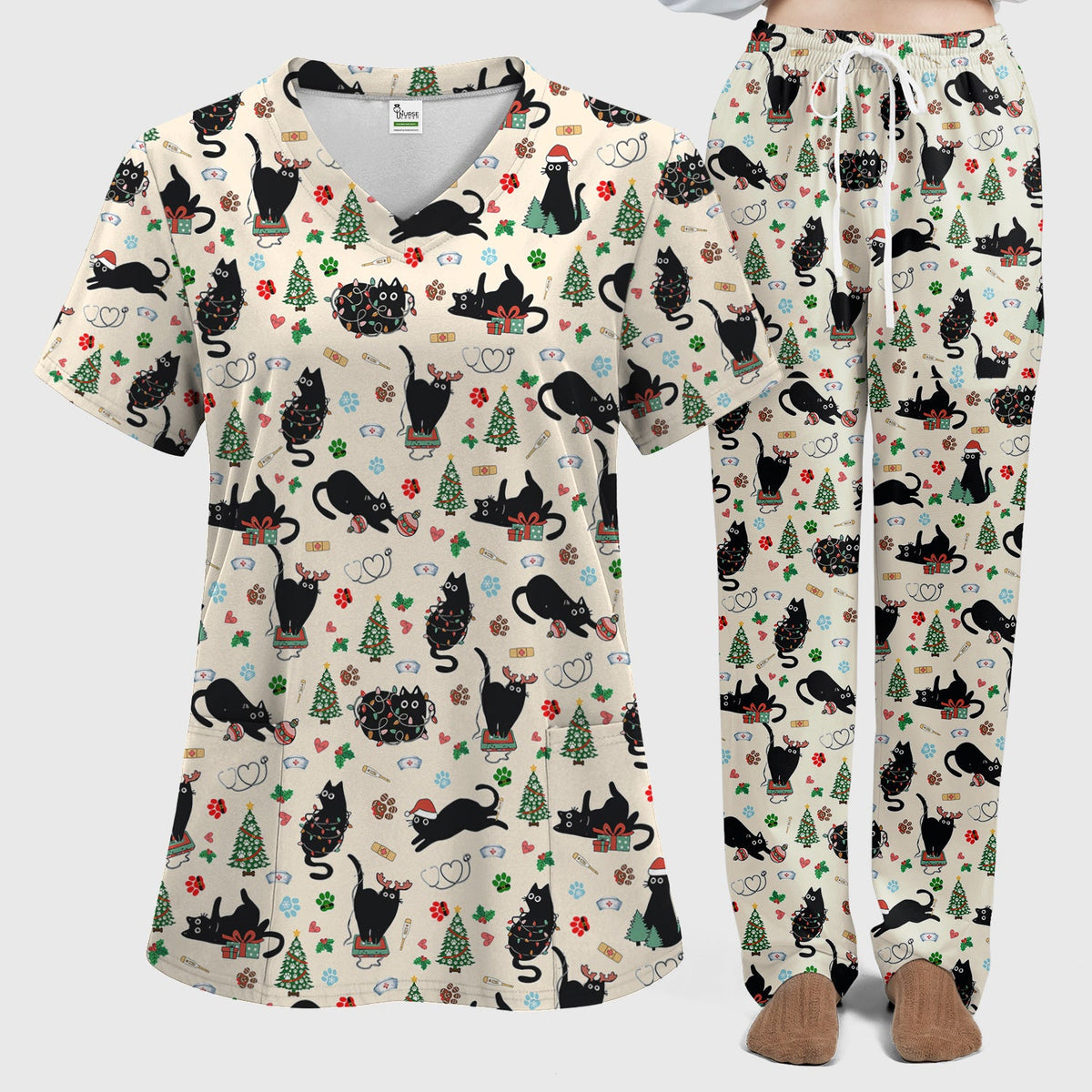 Black Cat Christmas Nurse Scrub Set, Festive Kitty Medical Uniform for Women