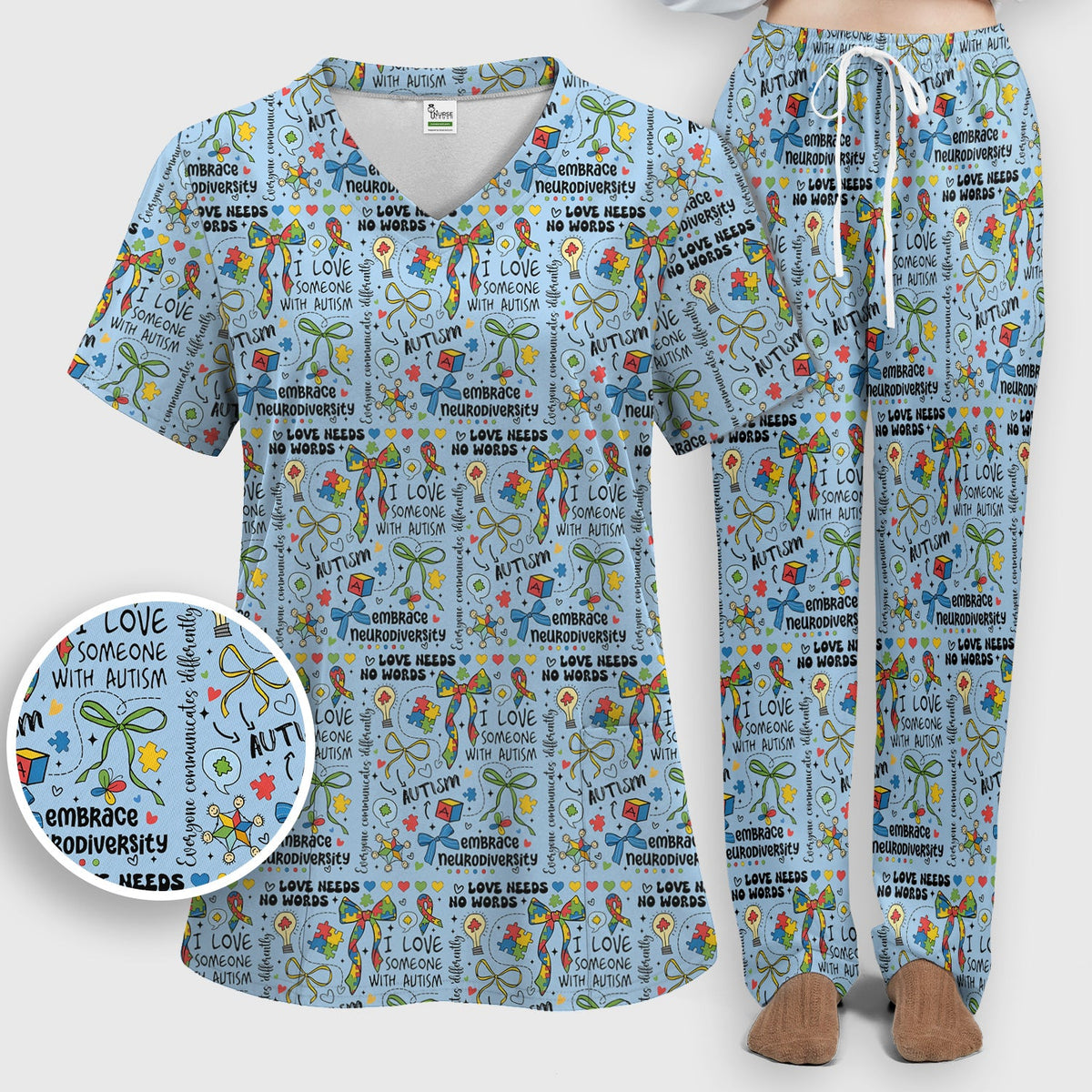 Autism Awareness Puzzle Ribbon Pastel Nurse Scrub Set