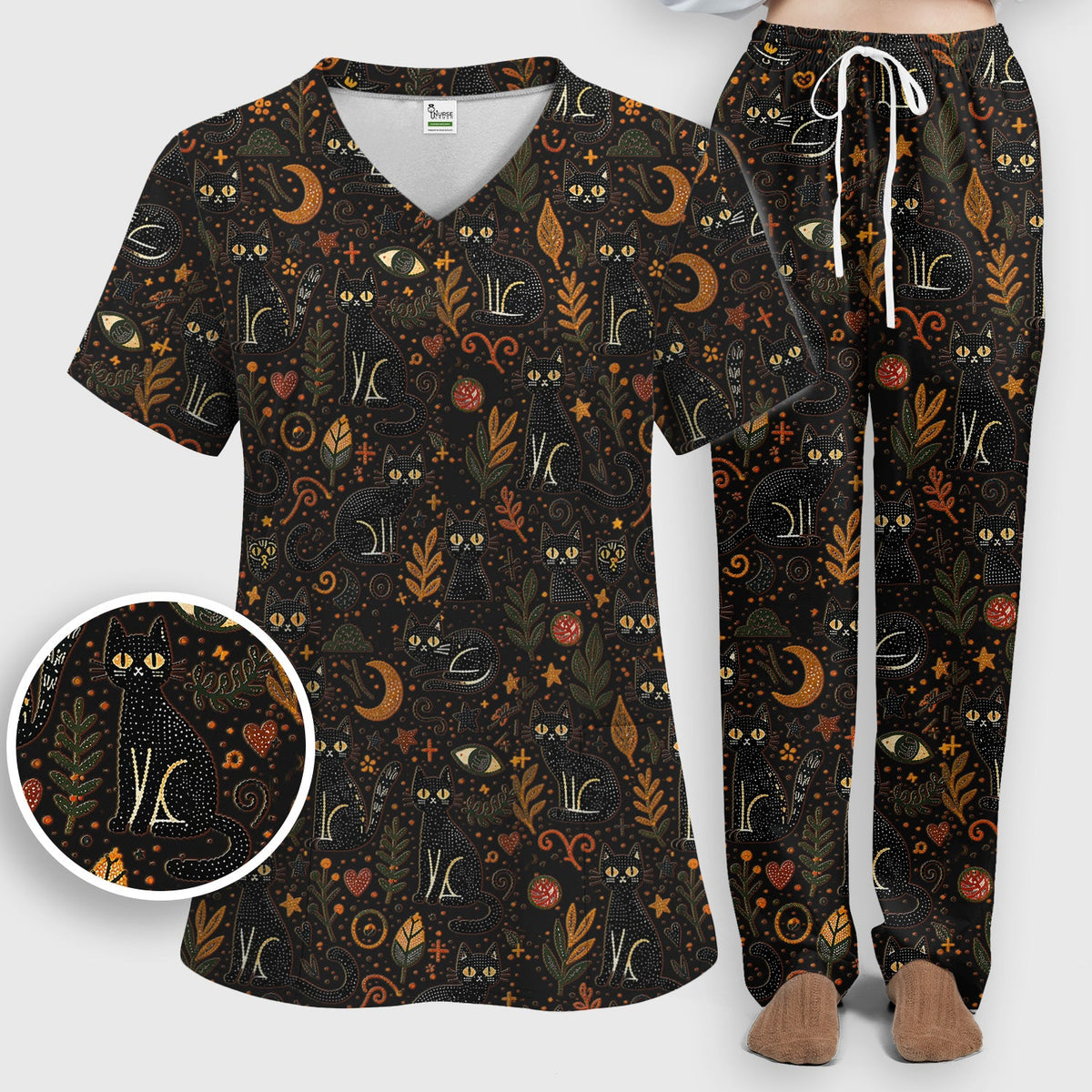Mystic Black Cat Celestial Nurse Scrub Set