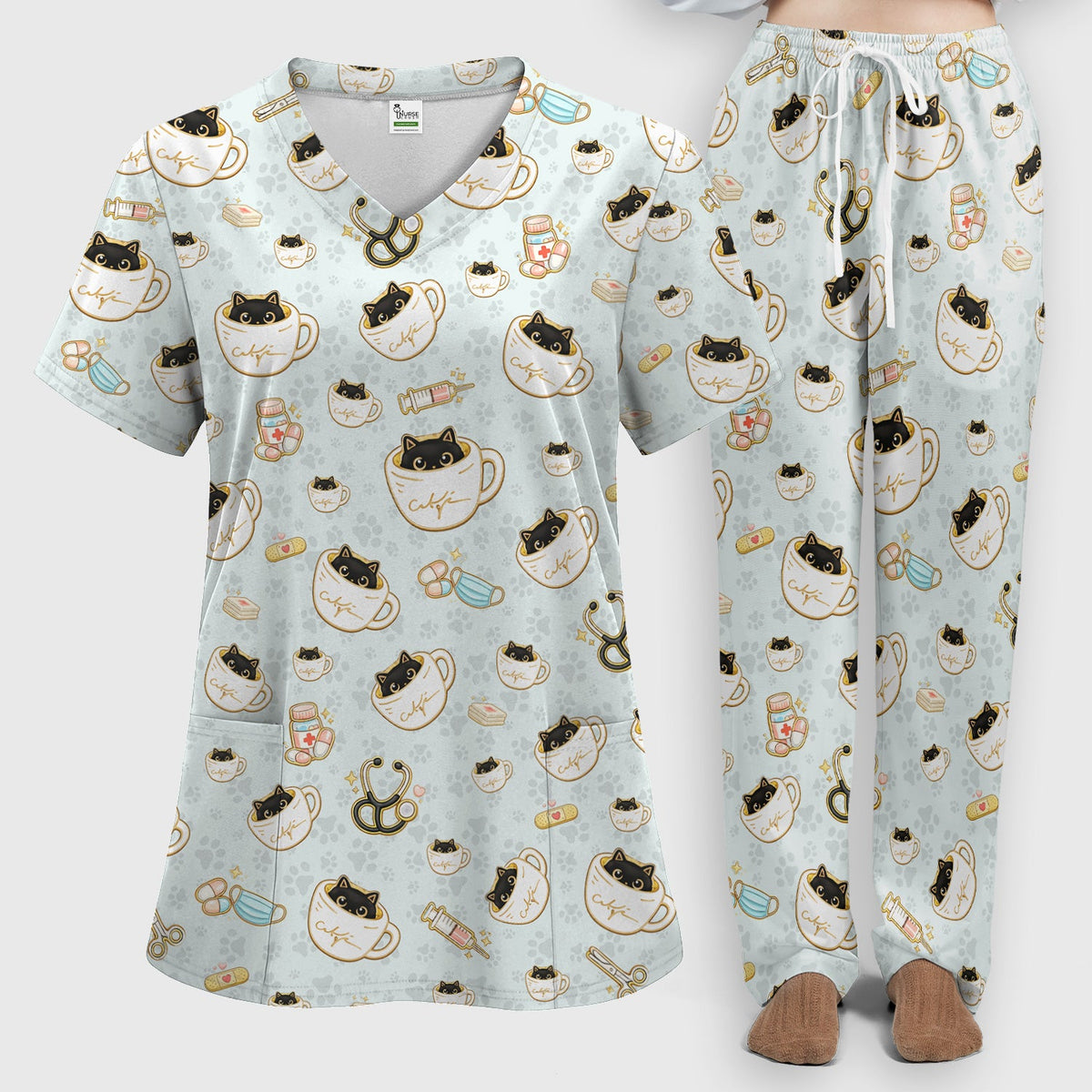 Coffee Cat Nurse Scrub Set