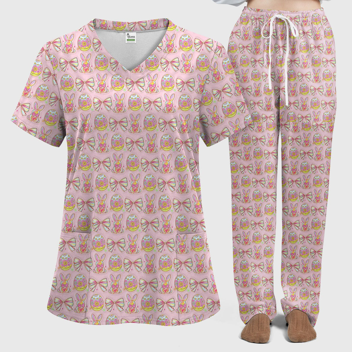 Bunny Pastel Egg Bow Nurse Scrub Set - Easter Gift