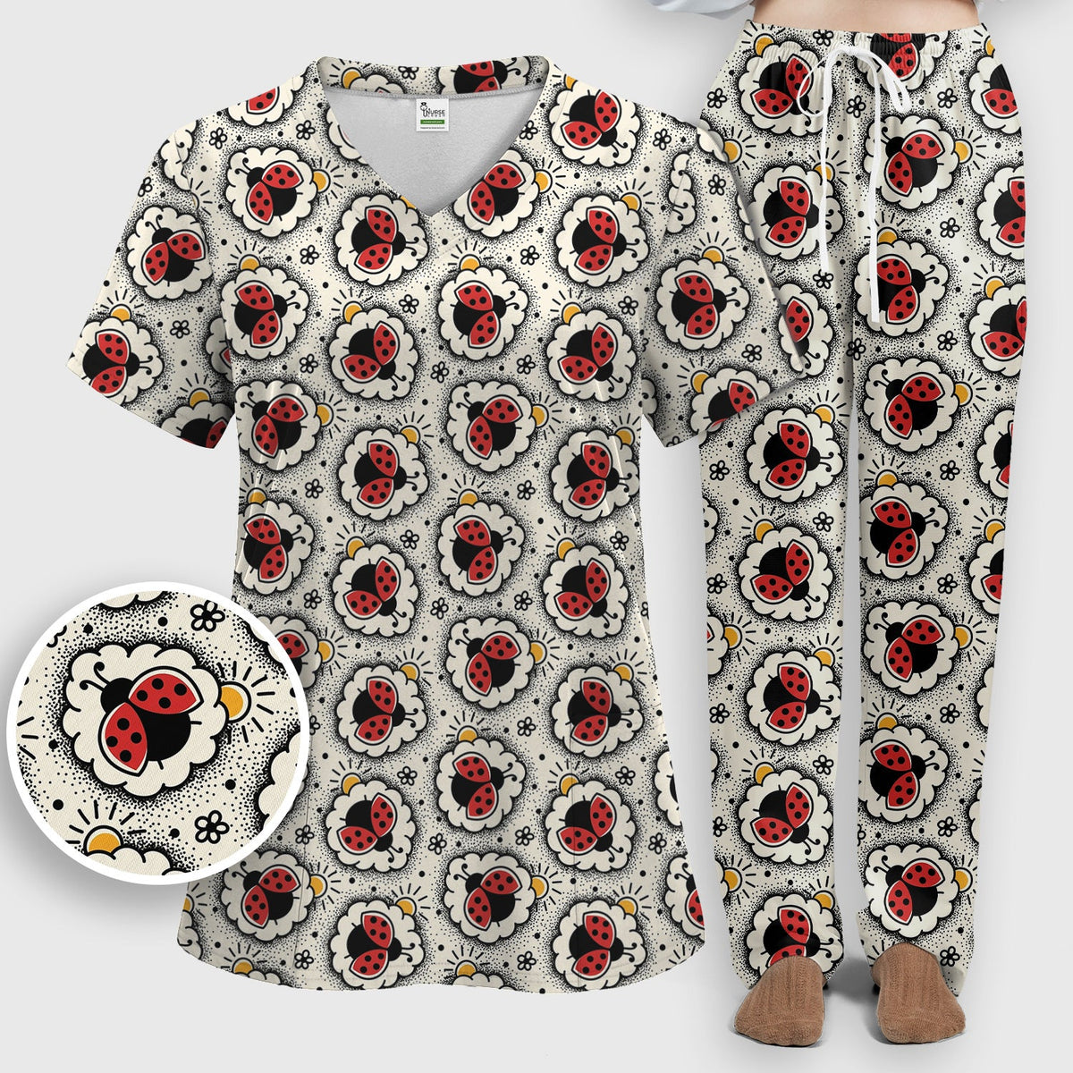 Ladybug Floral Frame Nurse Scrub Set