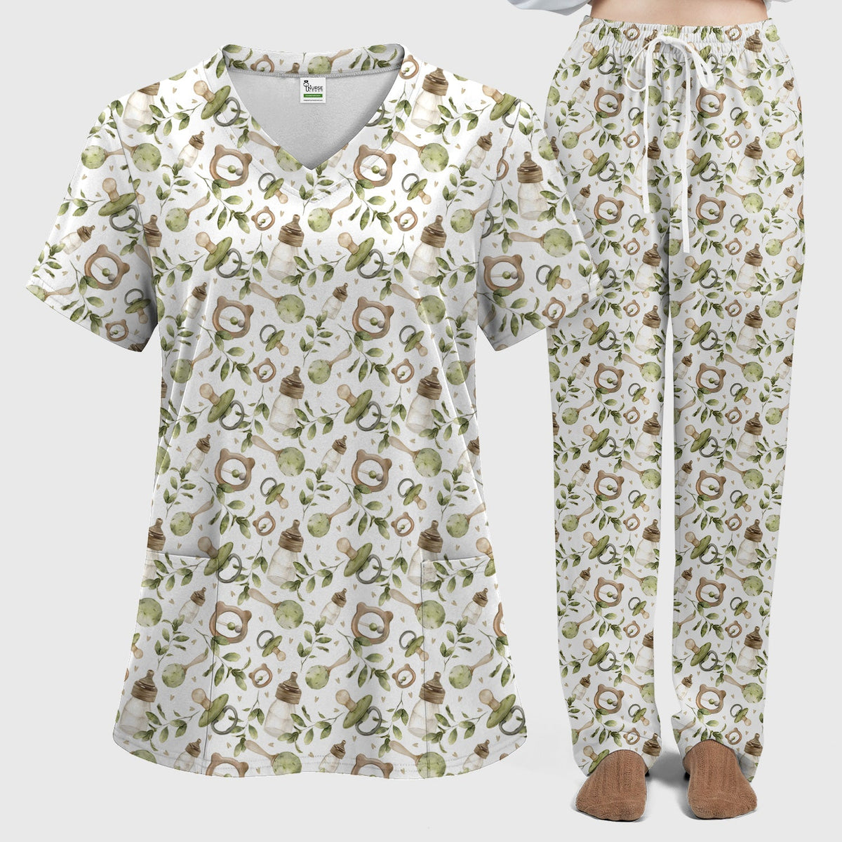Cute Baby Bottle Greenery Nurse Scrub Set