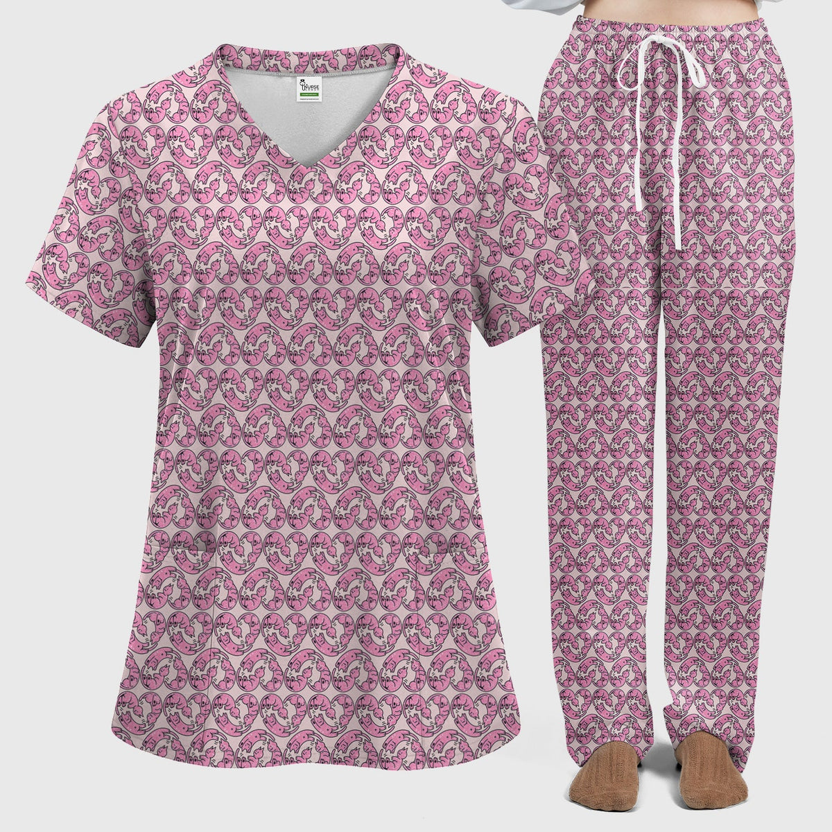 Pink Cat Cartoon Nurse Scrub Set