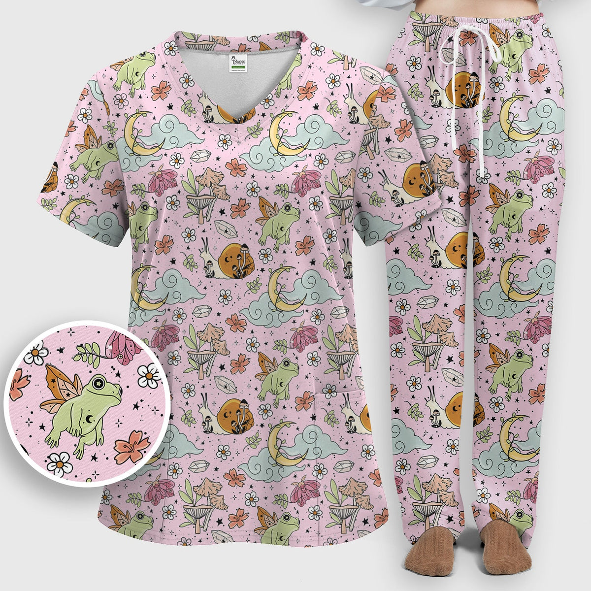 Whimsical Frog Moon Mushroom Nurse Scrub Set