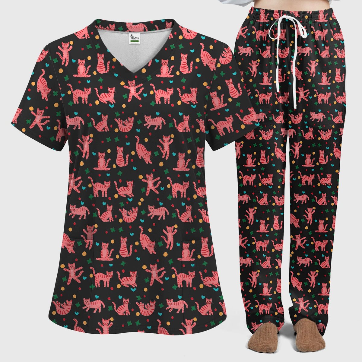 Pink Cat Nurse Scrub Set