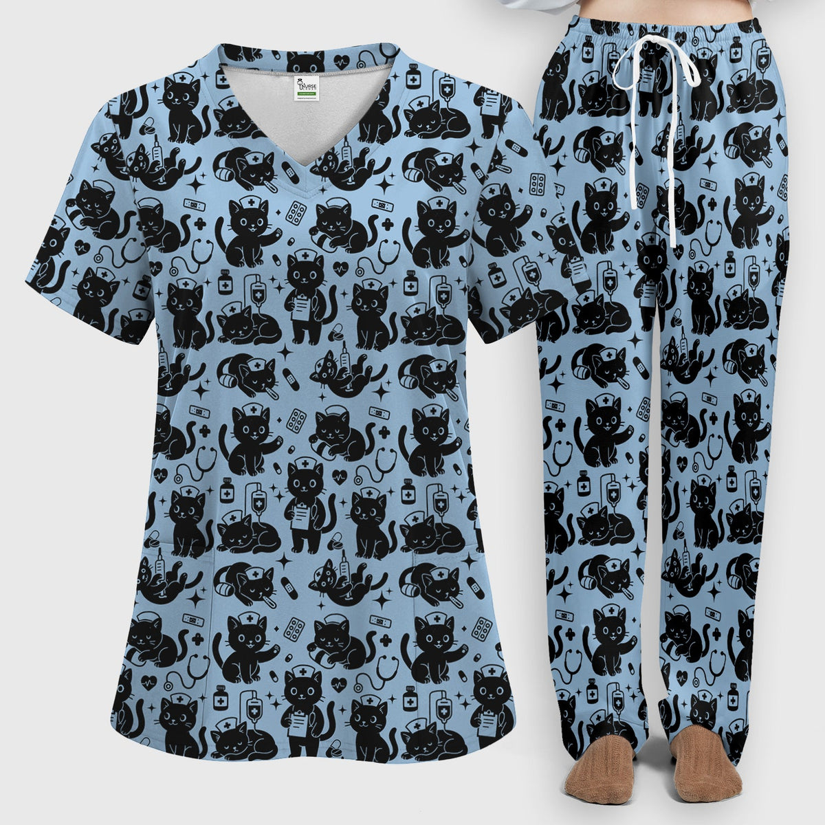 Cute White Black Cat Nurse Scrub Set