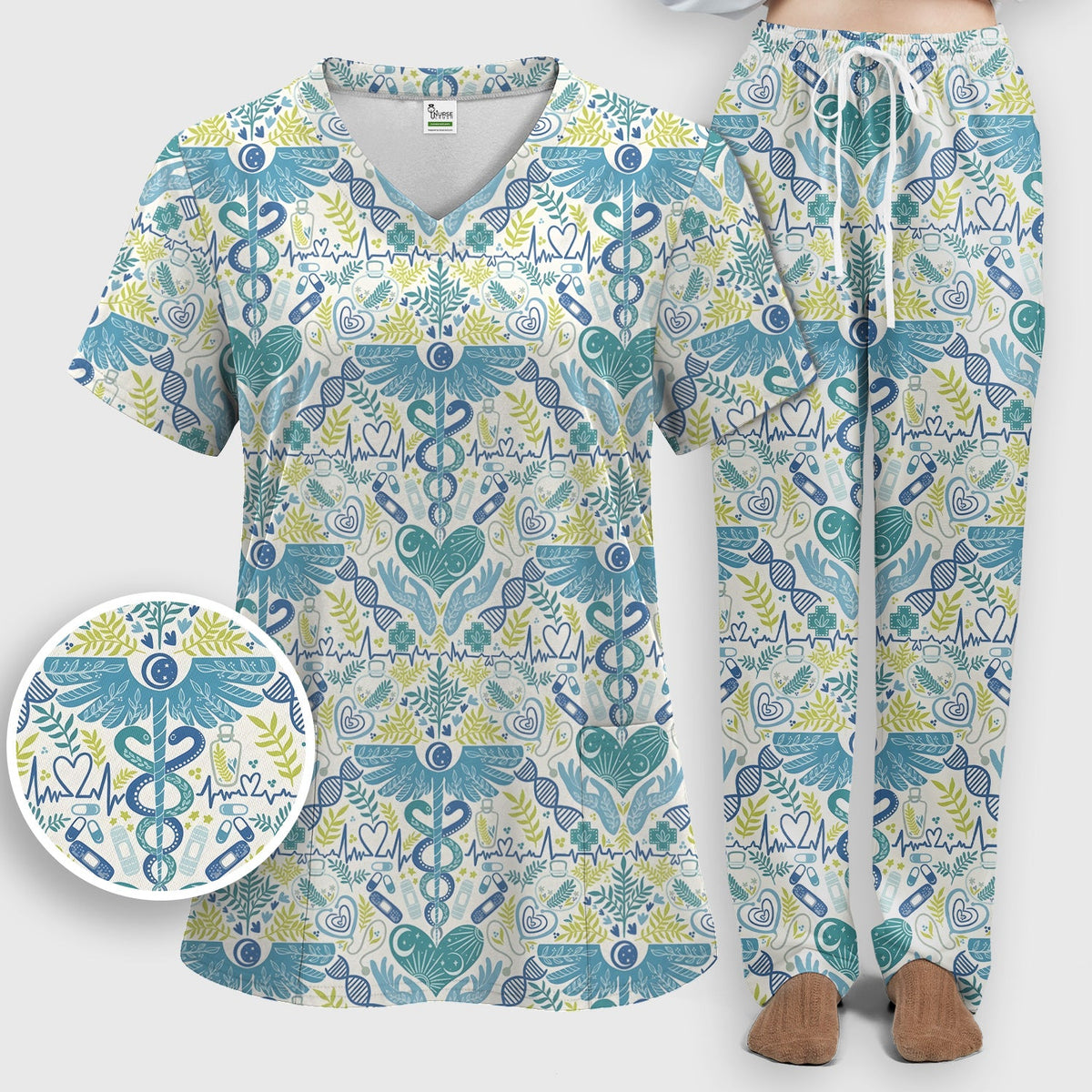 Botanical Caduceus Heart Nurse Scrub Set