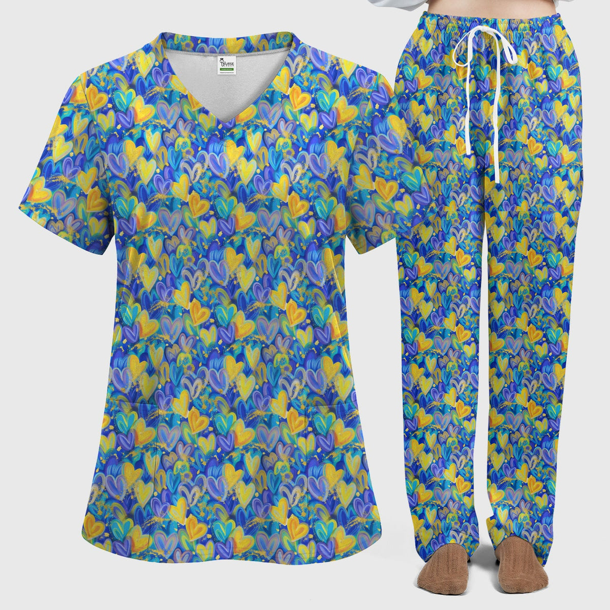 Blue Yellow Layered Heart Nurse Scrub Set