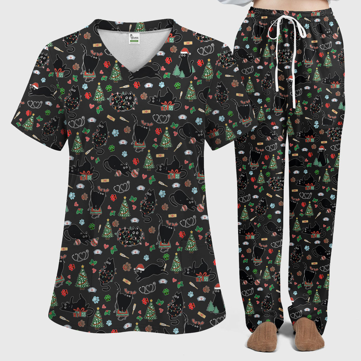 Black Cat Christmas Nurse Scrub Set, Festive Kitty Medical Uniform for Women