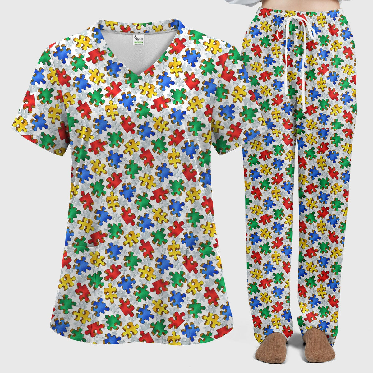 Colorful Autism Puzzle Piece Nurse Scrub Set