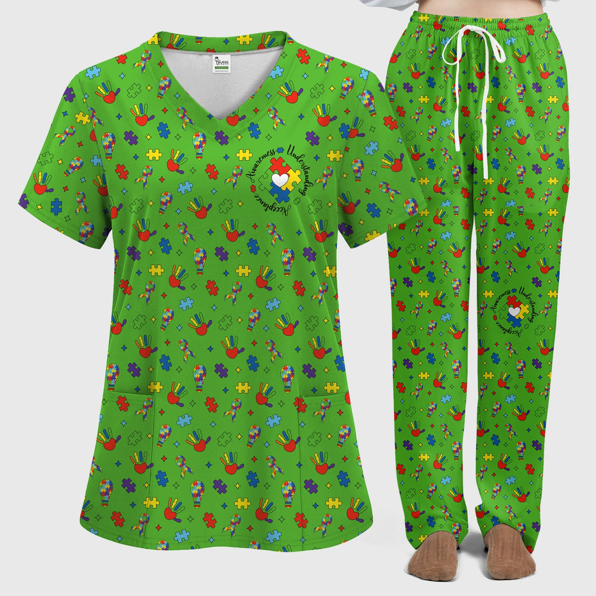 Autism Awareness Colorful Puzzle Nurse Scrub Set