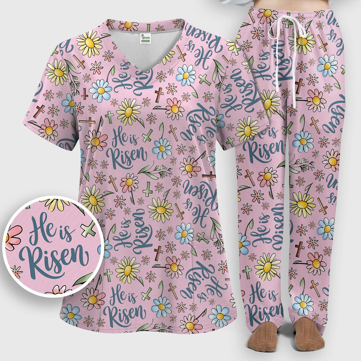 Risen Cross Flower Nurse Scrub Set - Easter Gift