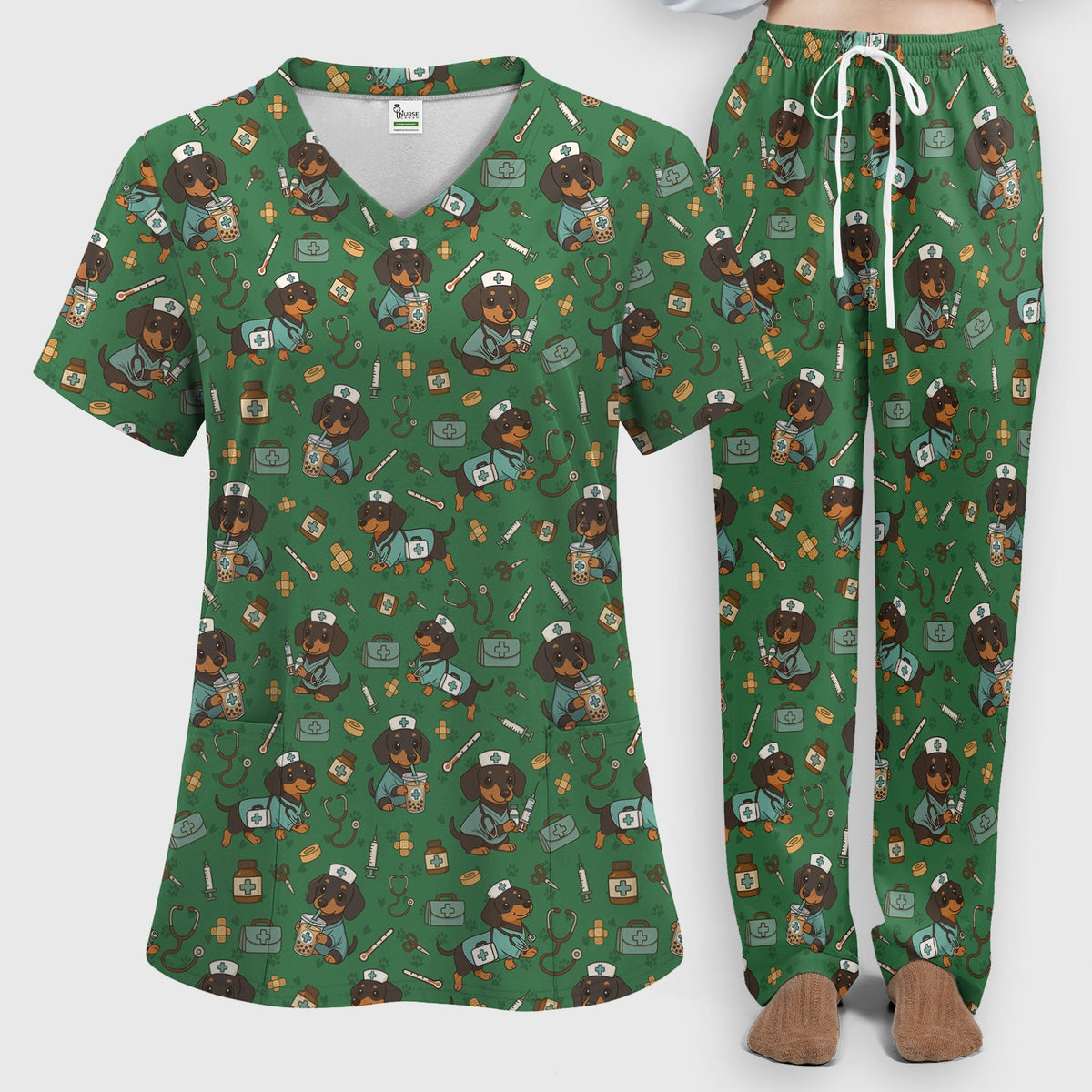 Funny Dachshund Nurse Scrubs Set - Cute Dog Print Medical Shirt - Holiday Nurse Scrub Top Gift for RN CNA Doctor, Women & Men