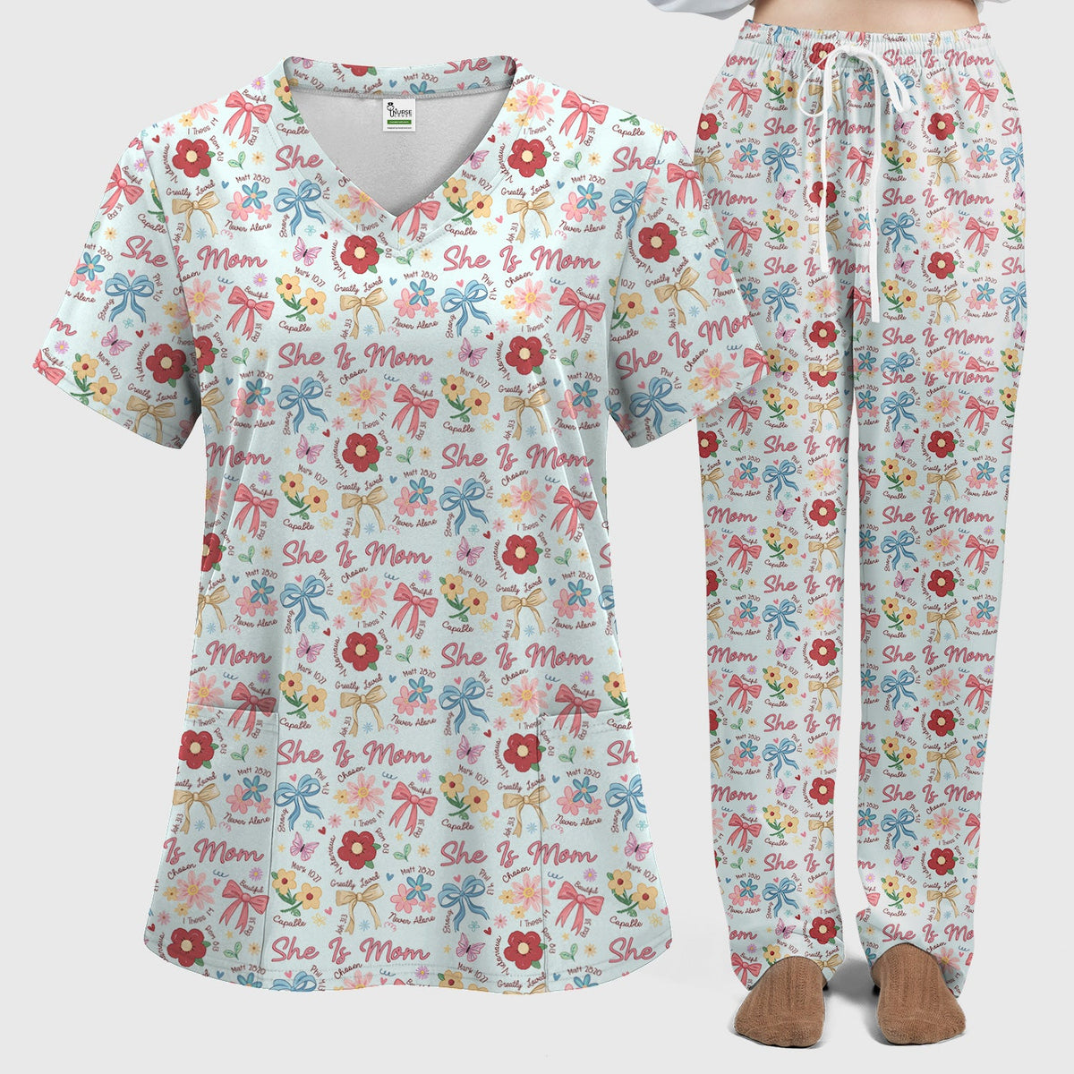 She Is Mom Flower Bow Nurse Scrub Set