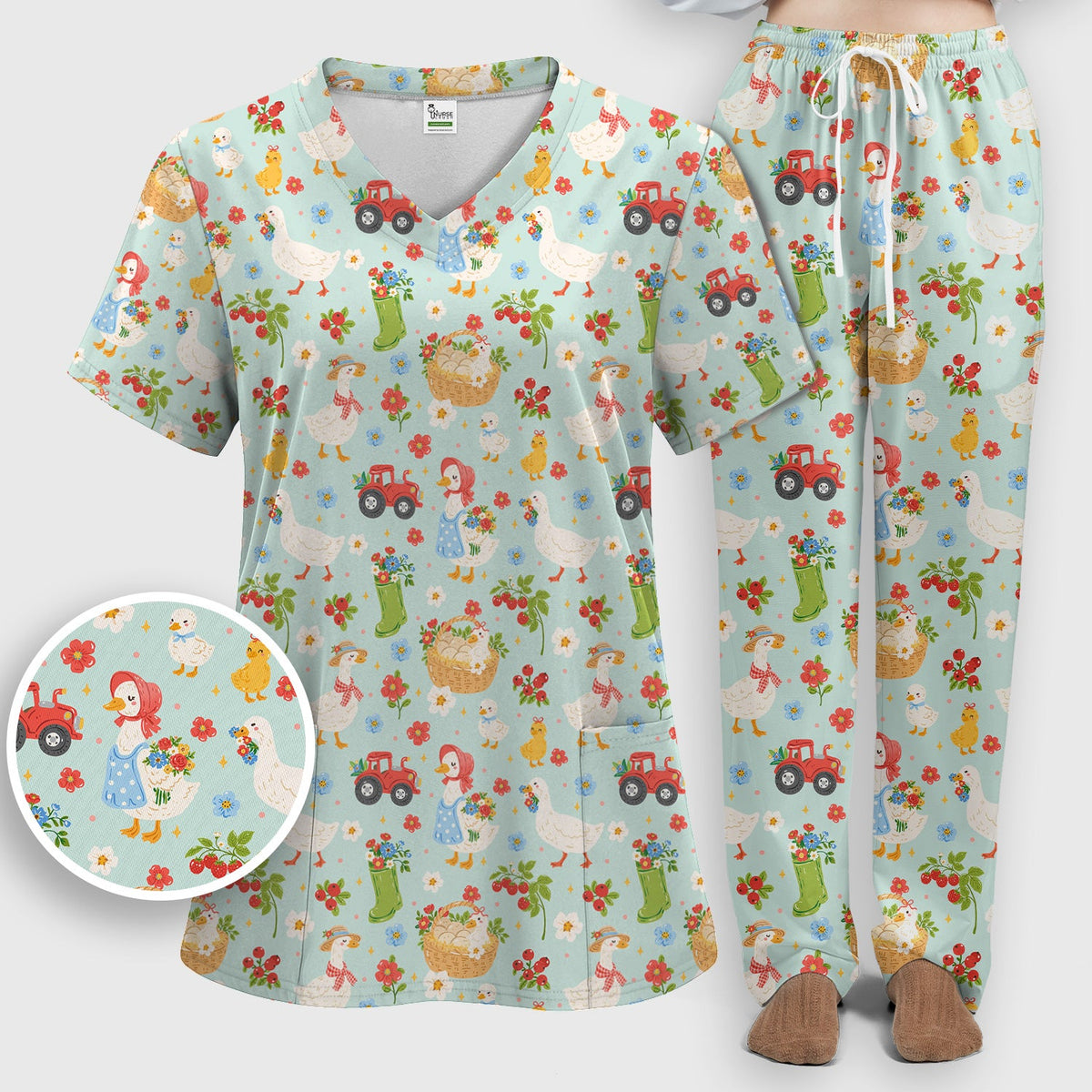 Farm Duck Chicken Tractor Flower Basket Nurse Scrub Top
