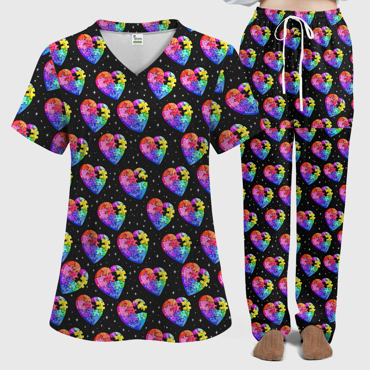 Rainbow Autism Puzzle Heart Starry Sky Nurse Scrub Set