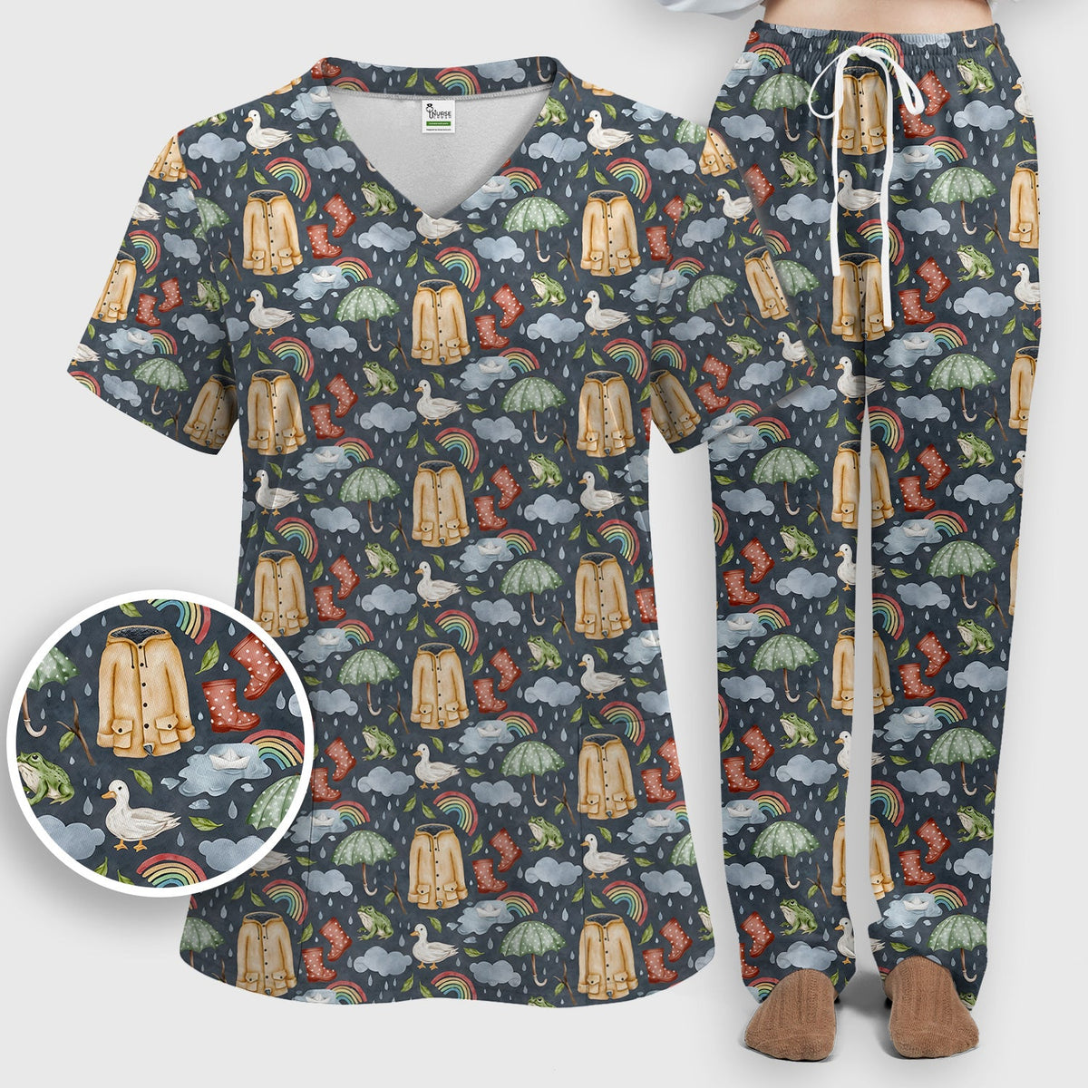 Rainy Day Ducks & Frog Nurse Scrub Set