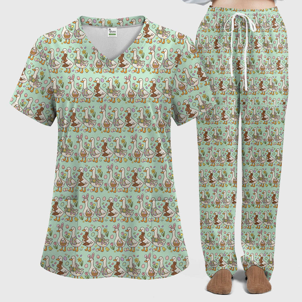 Duck Bunny Egg Floral Nurse Scrub Set - Easter Gift