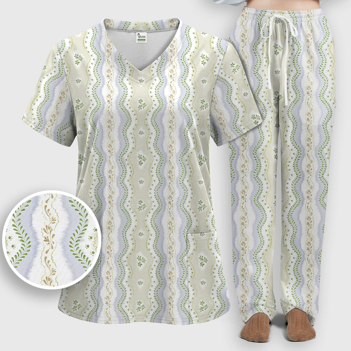 Wavy Stripe Botanical Nurse Scrub Set