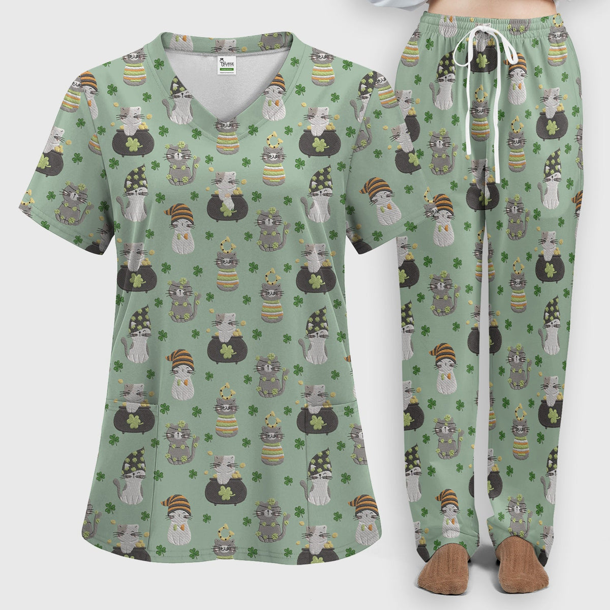 St Patrick Lucky Cat Shamrock Nurse Scrub Set