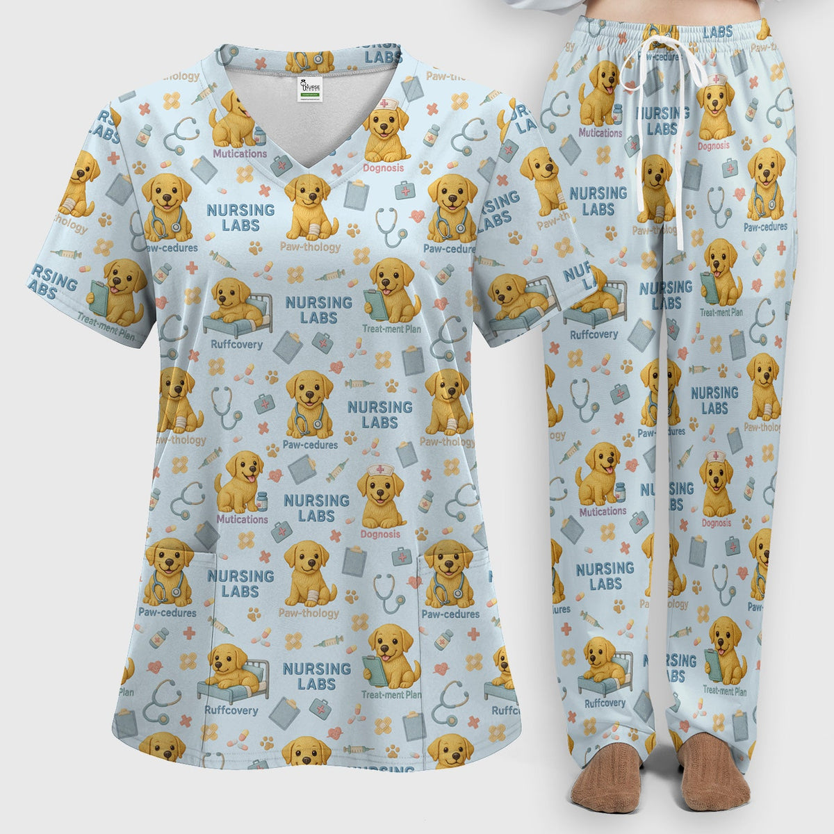 Labrador Nursing Scrub Set, Cute Dog Pattern Nurse Uniform,  Comfortable Scrubs For Nurses