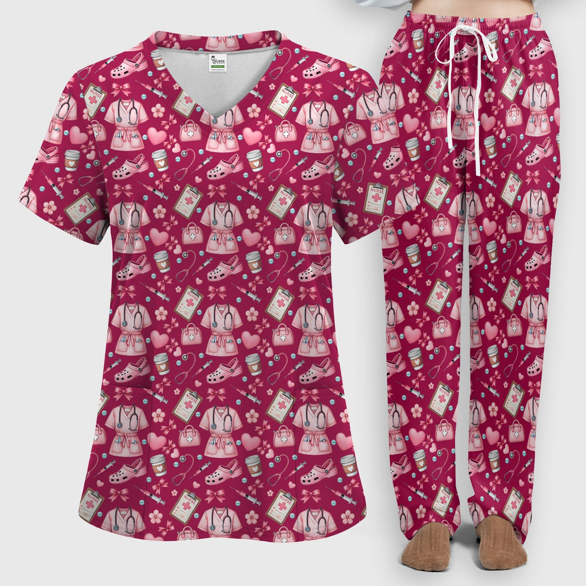 Valentine Pink Nurse Icons Scrub Set