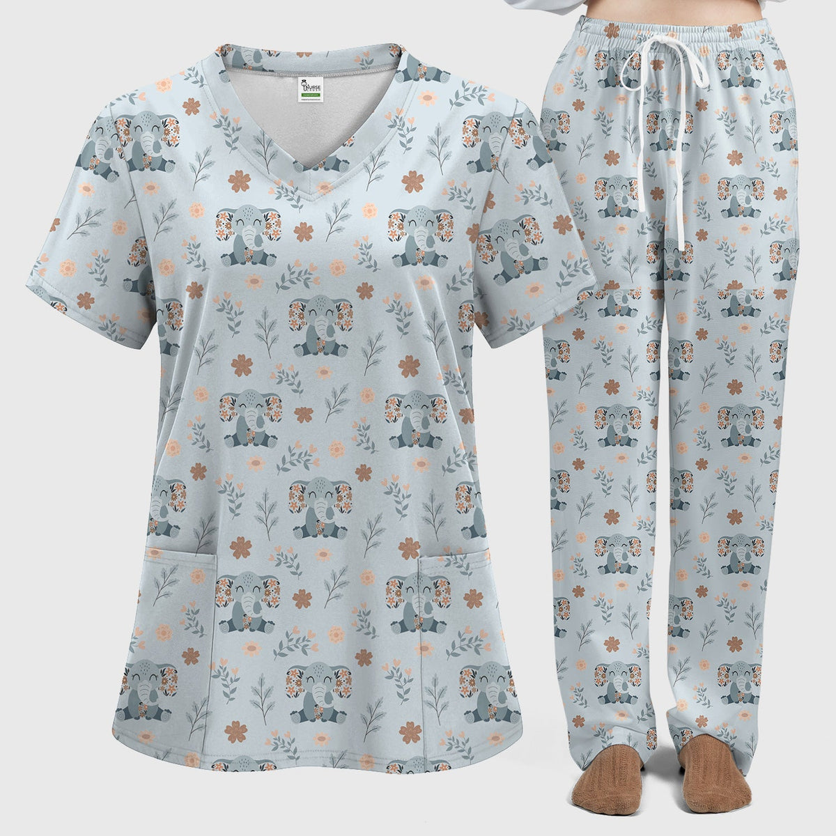 Cute Elephant Floral Print Scrub Set, Scrub Pants and V Neck Top