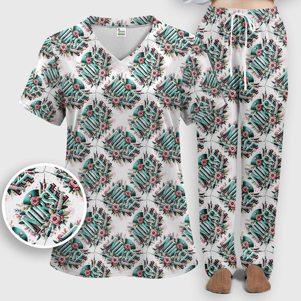 Typography Floral Nurse Scrub Set