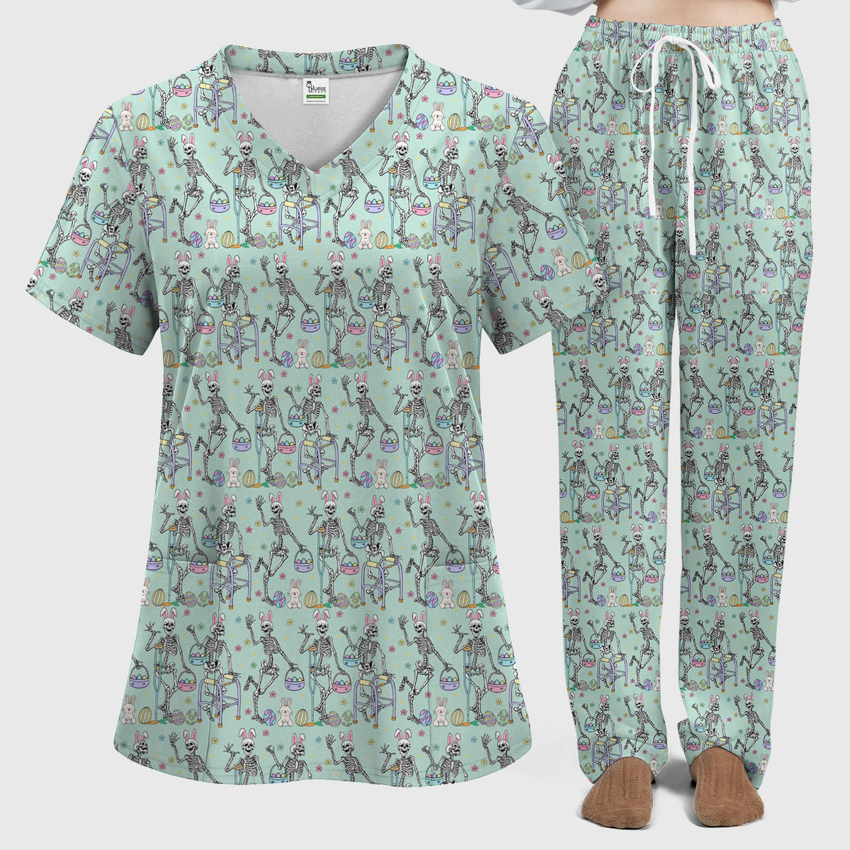 Fun Skeleton Bunny Nurse Scrub Set - Easter Gift