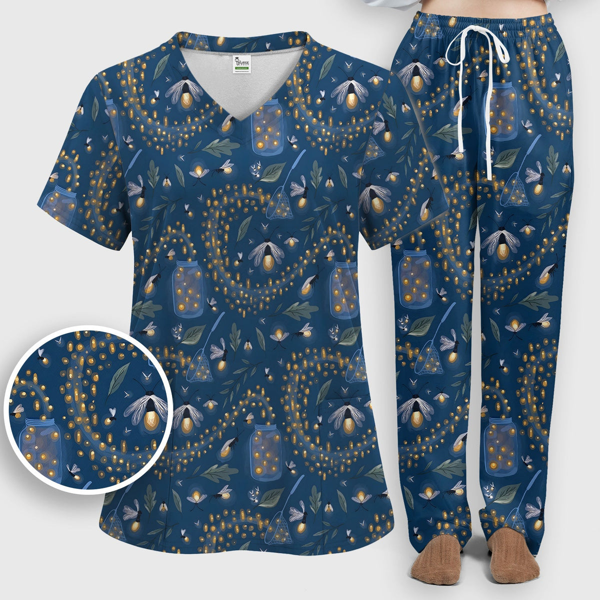 Cute Nurse Firefly Pattern Scrub Set, Scrub Pants and V Neck Top